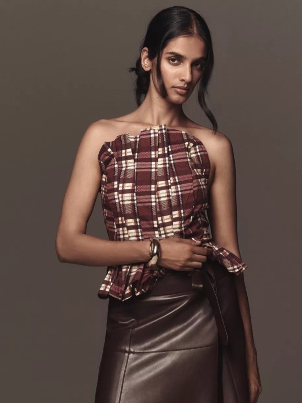 Anthropologie's Porridge Plaid Strapless Peplum Top Size Small